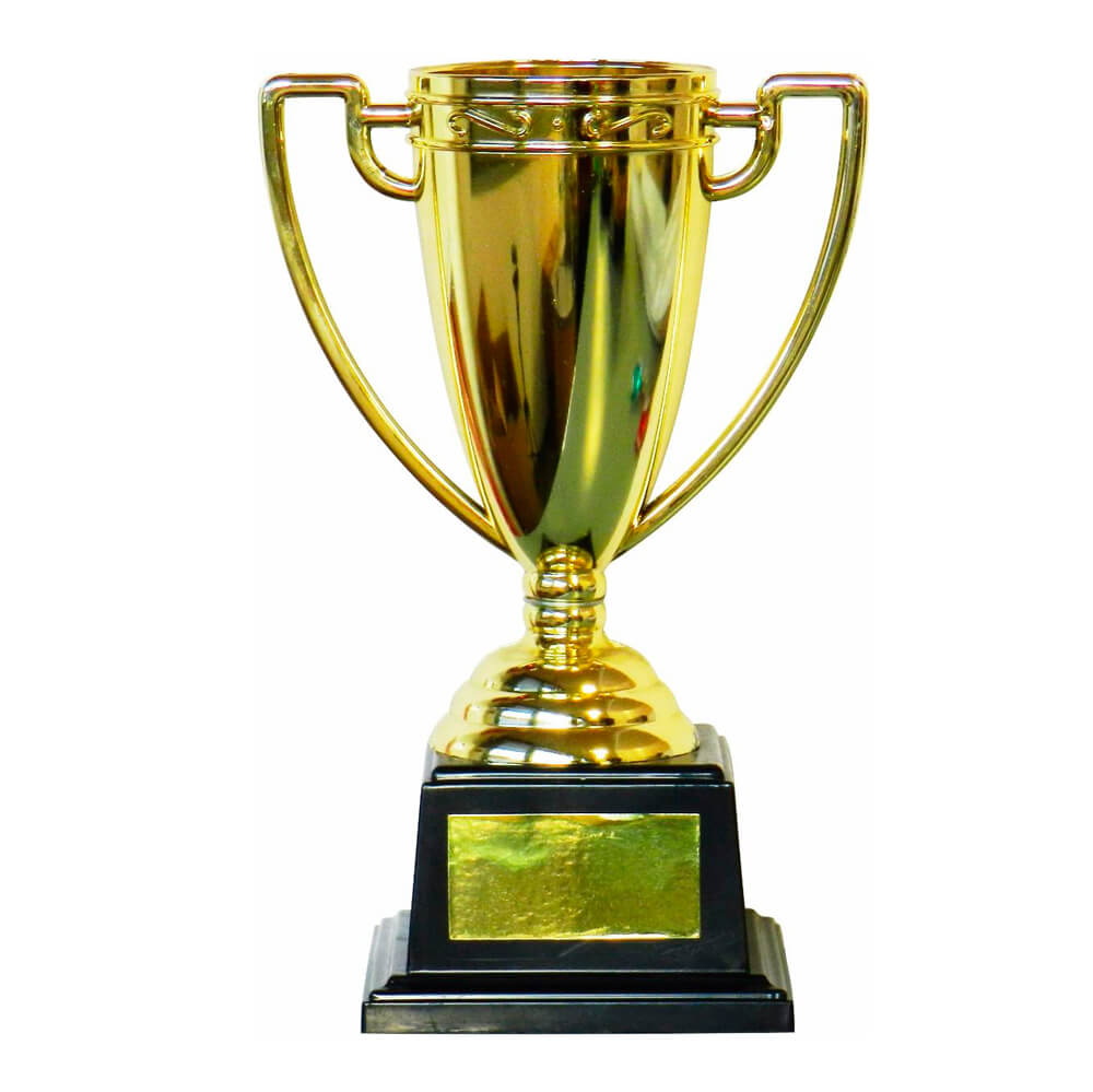 Copa trofeo dorado con diferentes mensajes
