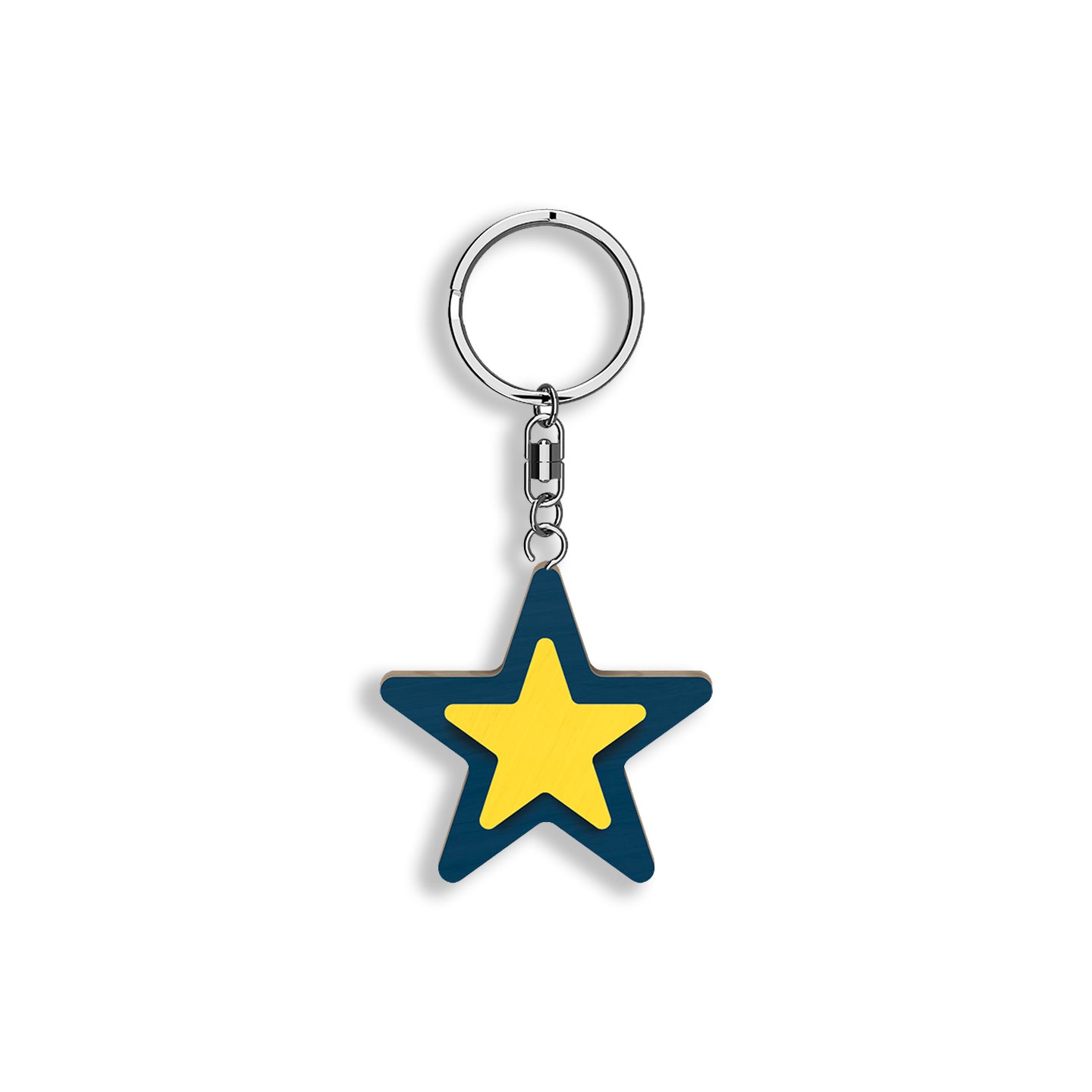 Llavero de madera en forma de estrella, azul y amarillo