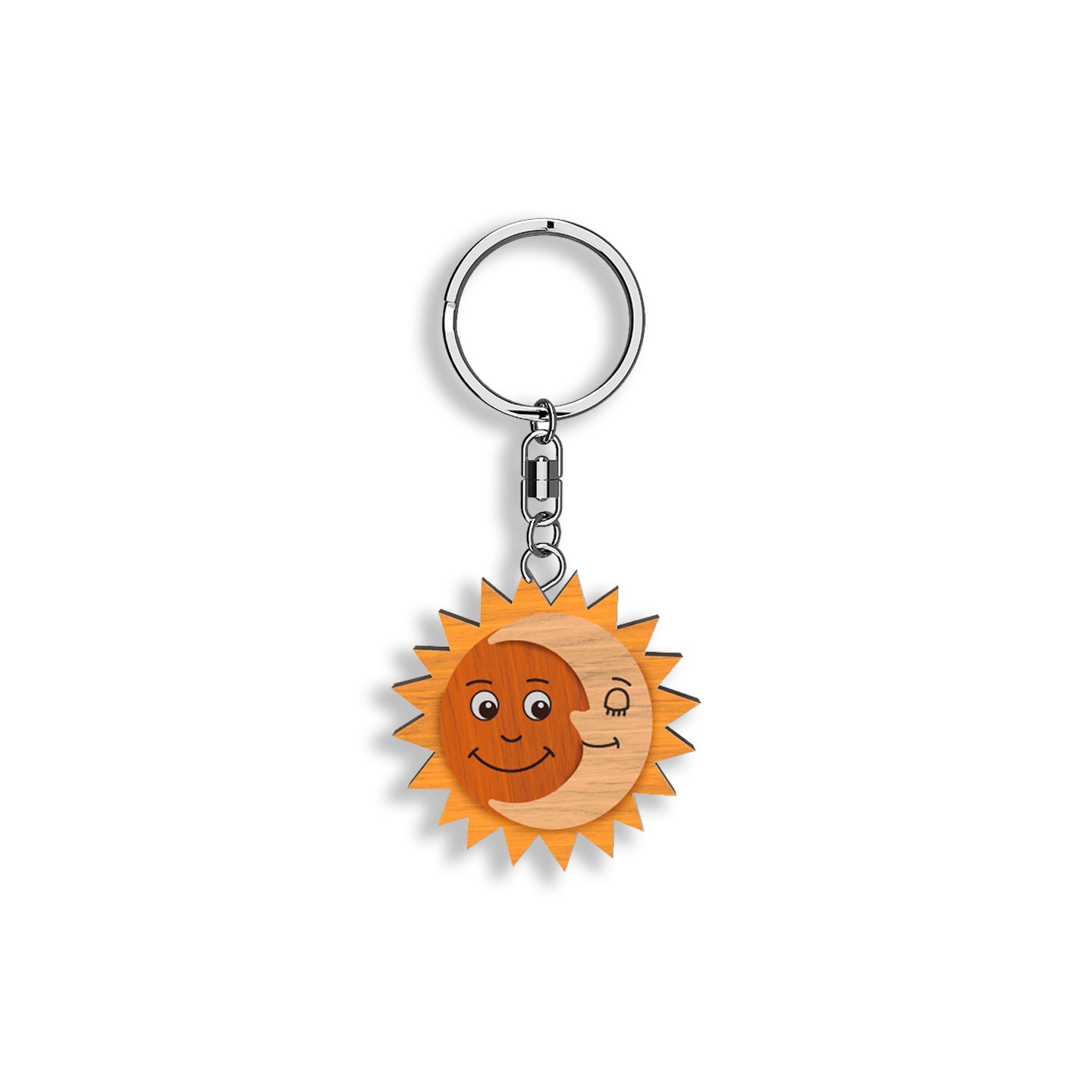 Llavero de madera Sol y Luna, hecho a mano en tonos marrones