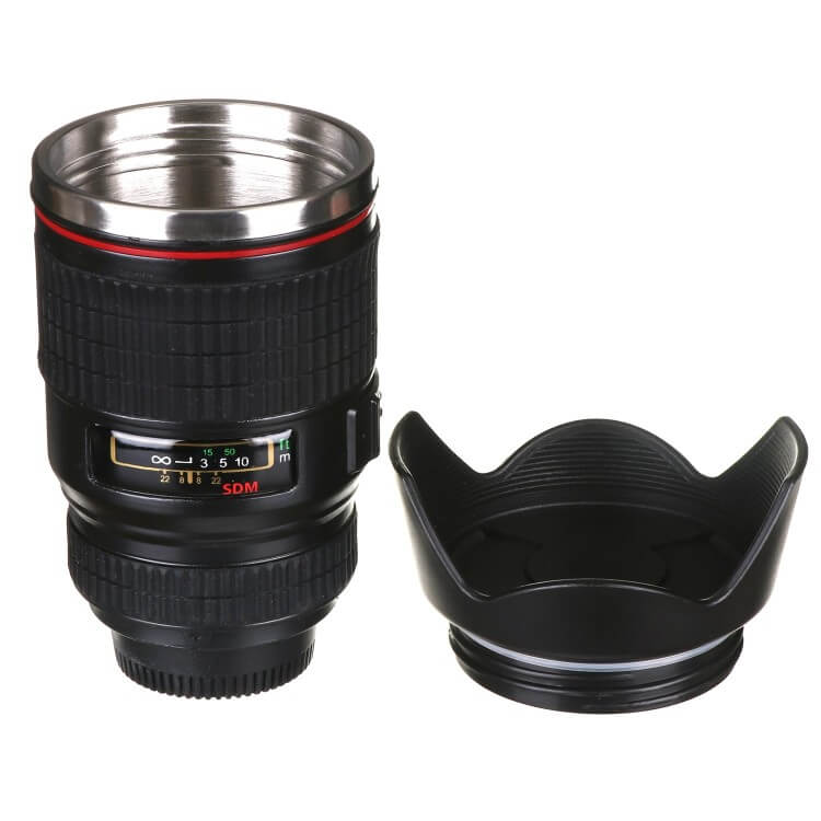 Taza objetivo de cámara con soporte para galletas