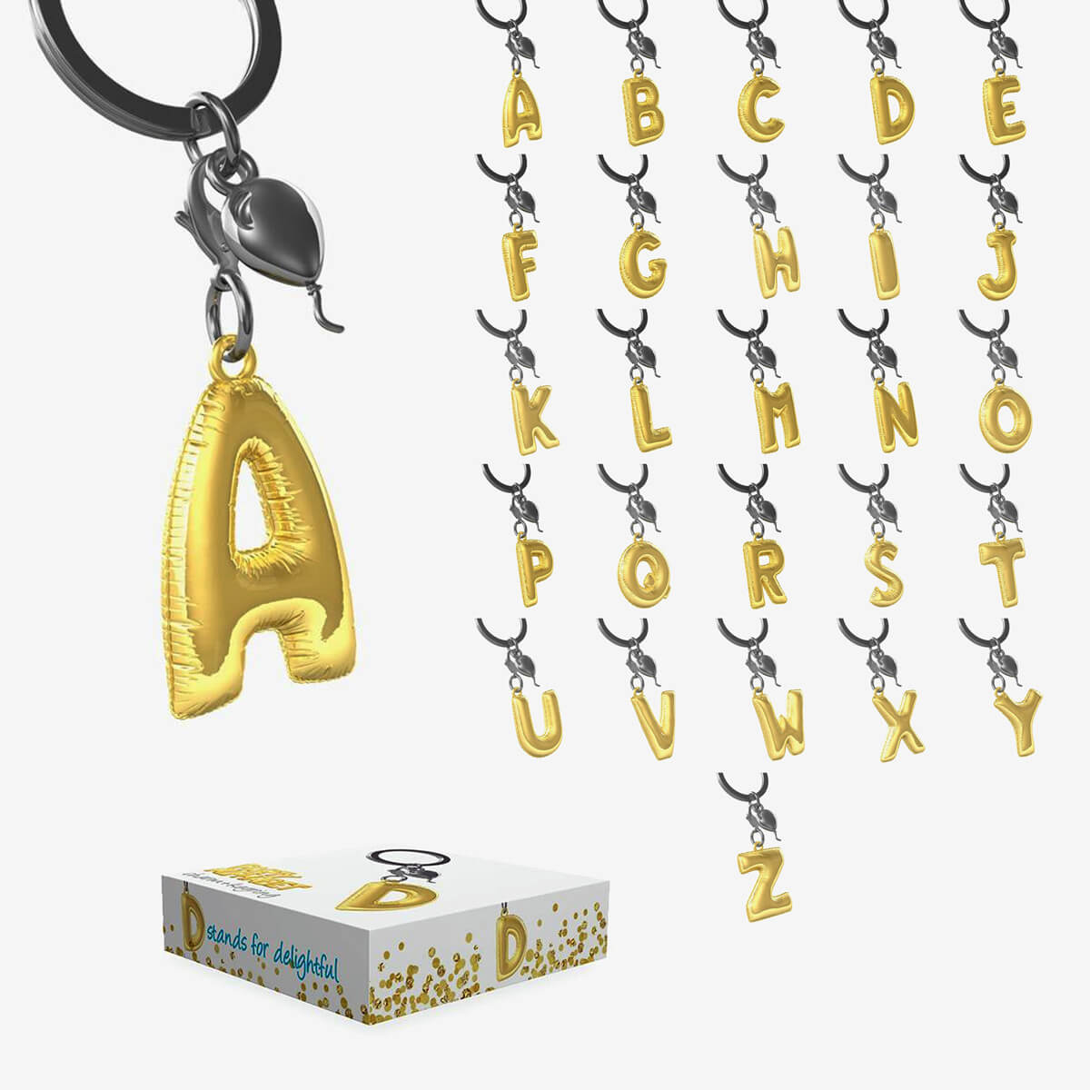 Llaveros Premium con letras en forma de Globo de Helio y mini charm plateado