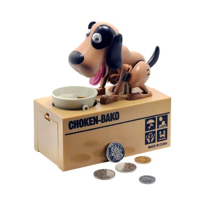 Hucha perro hambriento come monedas