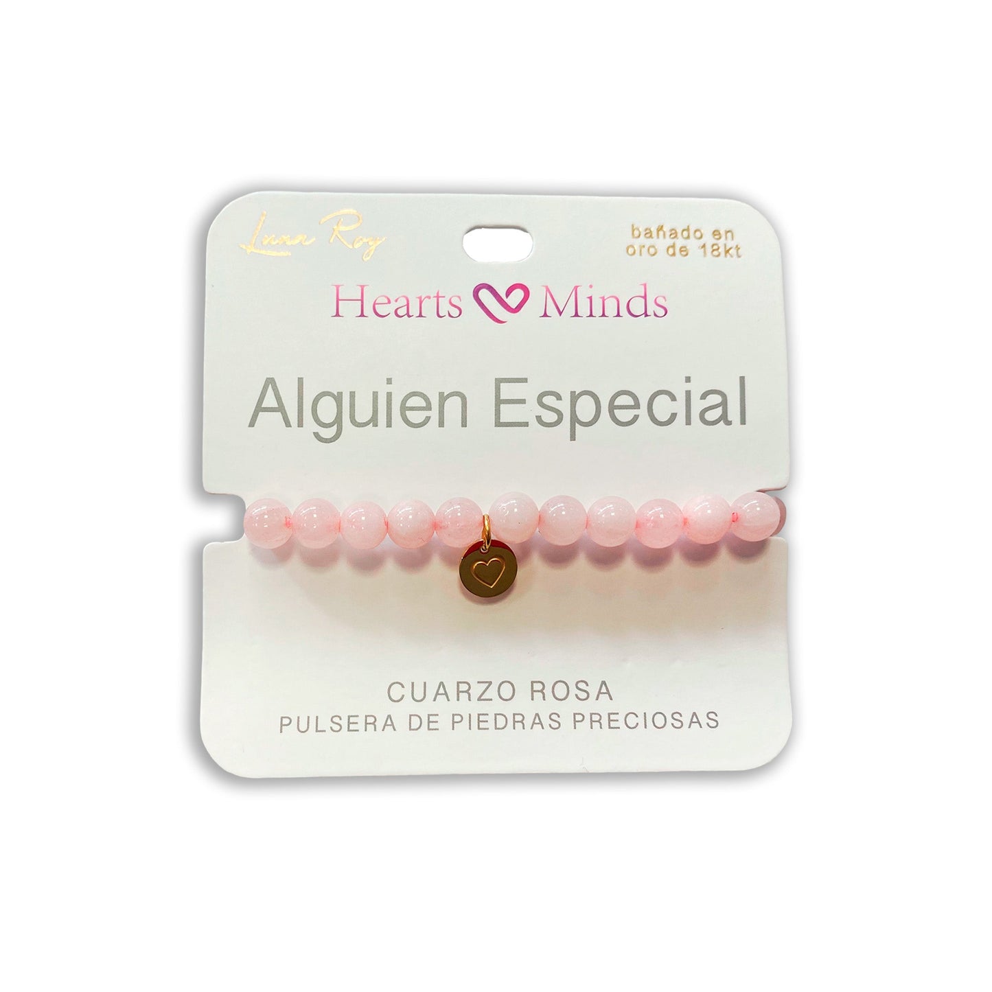 Pulsera de Cuarzo Rosa con dije de Corazón, bañado en Oro 18K