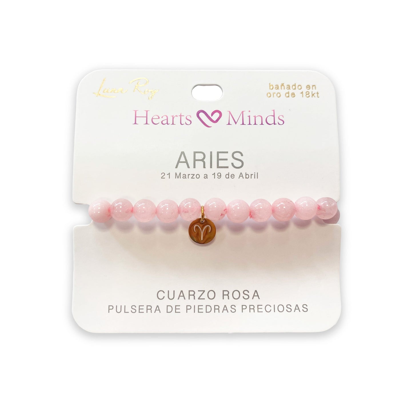 Pulsera de Cuarzo Rosa con dije del signo Zodiacal, bañado en Oro 18K