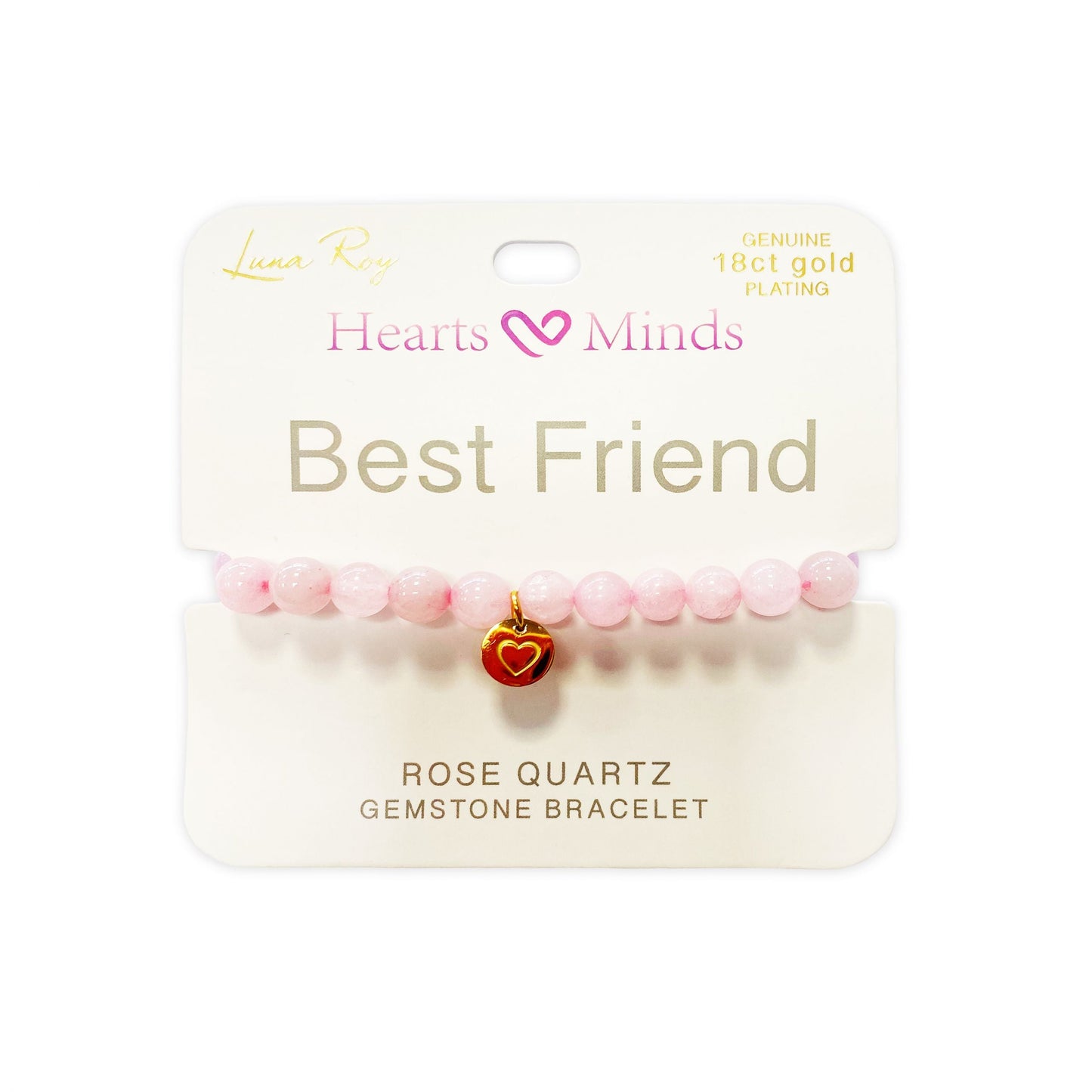 Pulsera de Cuarzo Rosa con dije de Corazón, bañado en Oro 18K