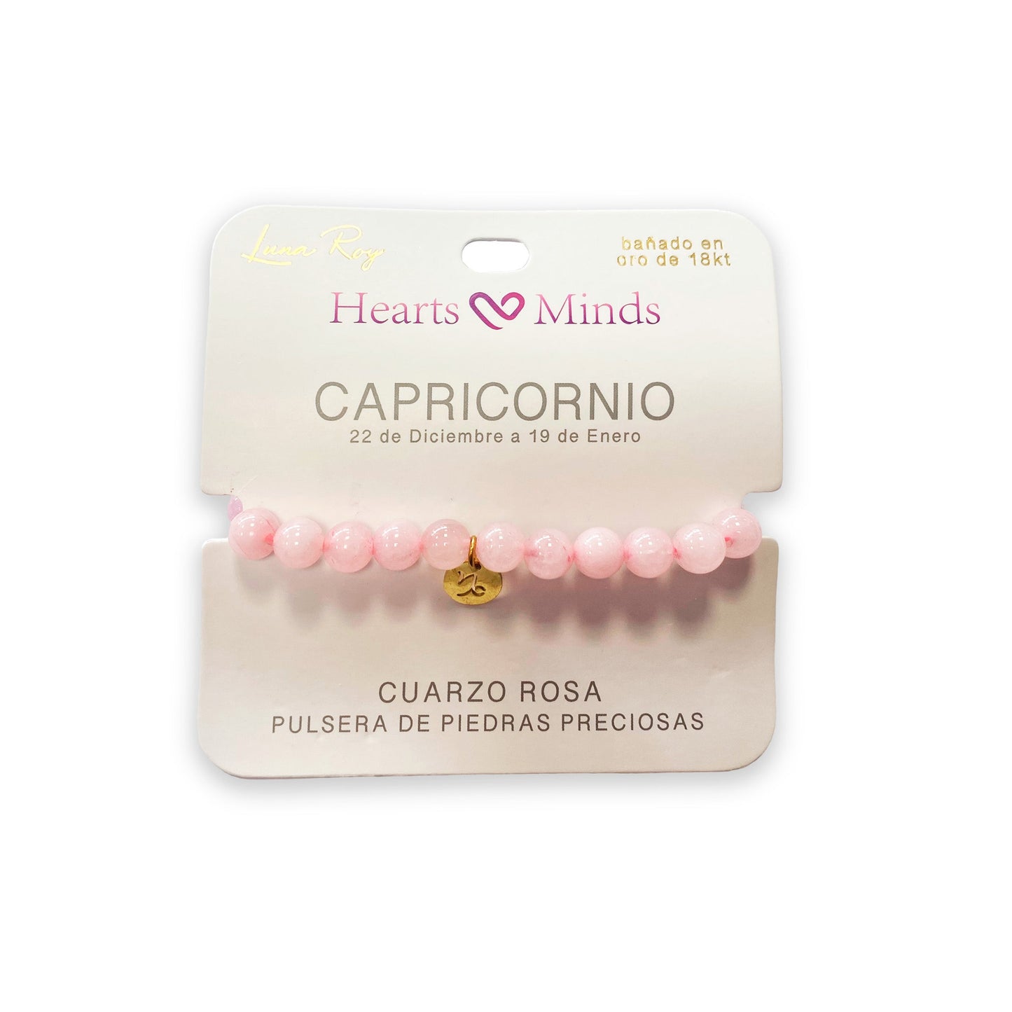 Pulsera de Cuarzo Rosa con dije del signo Zodiacal, bañado en Oro 18K