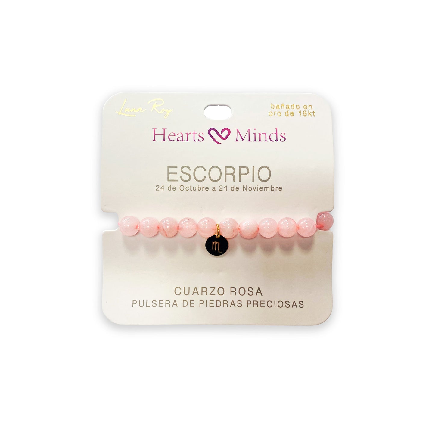 Pulsera de Cuarzo Rosa con dije del signo Zodiacal, bañado en Oro 18K