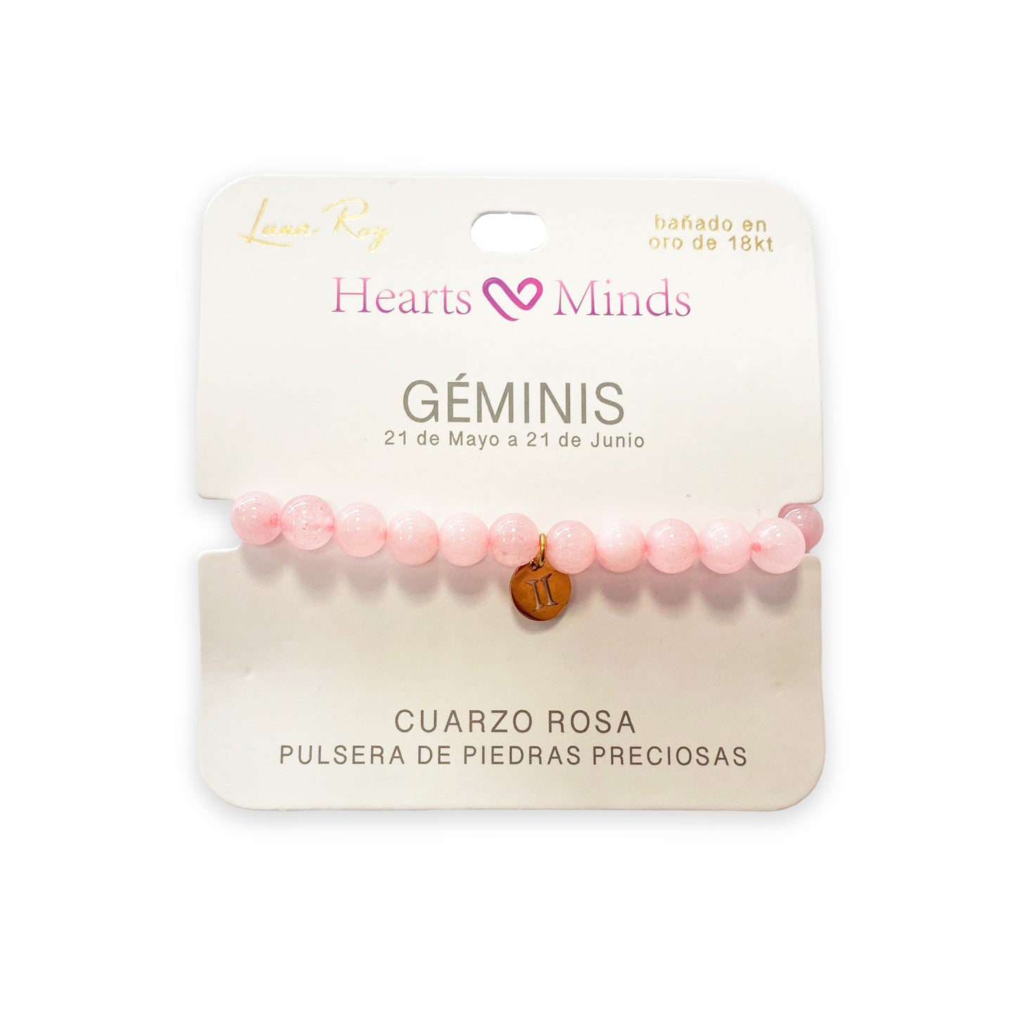 Pulsera de Cuarzo Rosa con dije del signo Zodiacal, bañado en Oro 18K