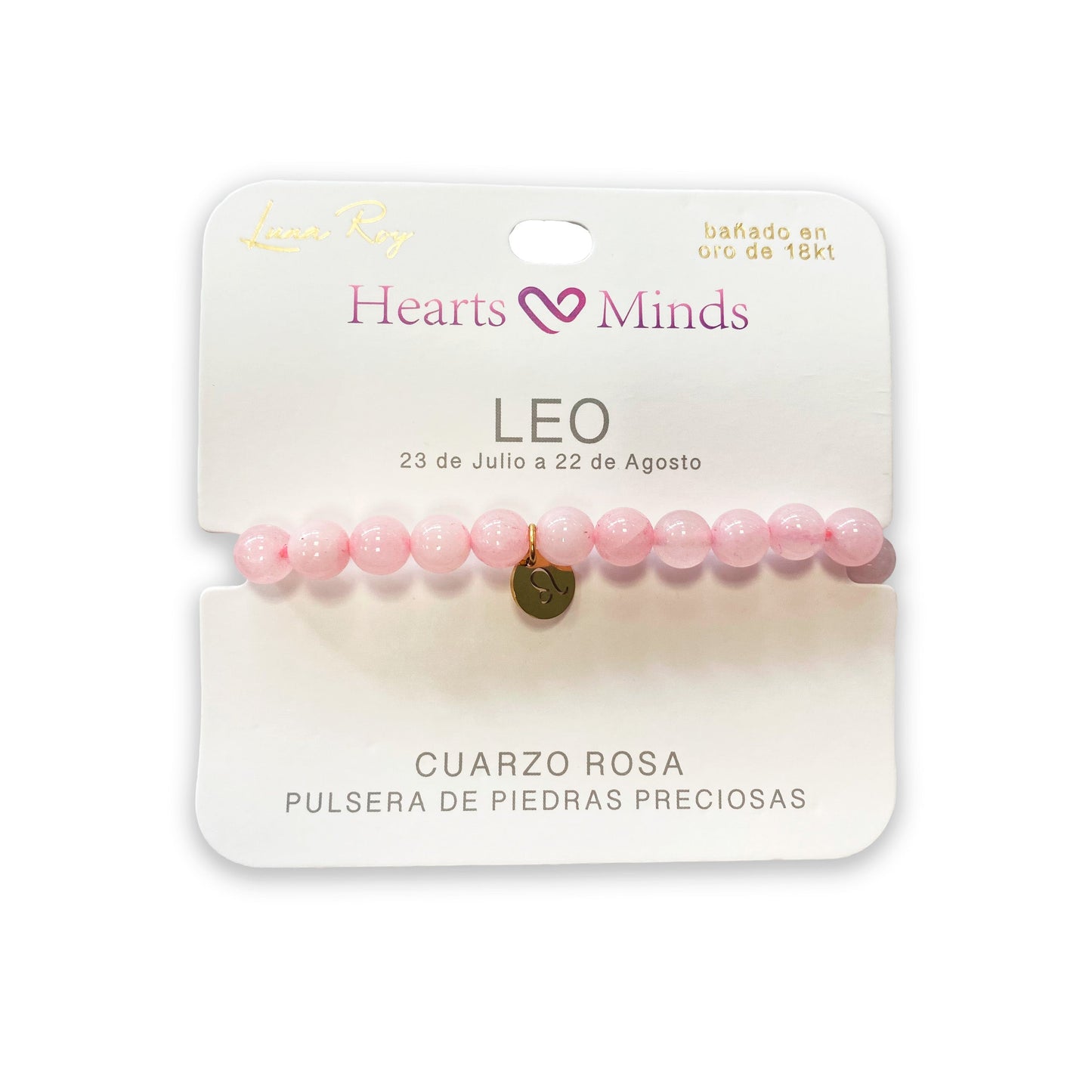 Pulsera de Cuarzo Rosa con dije del signo Zodiacal, bañado en Oro 18K