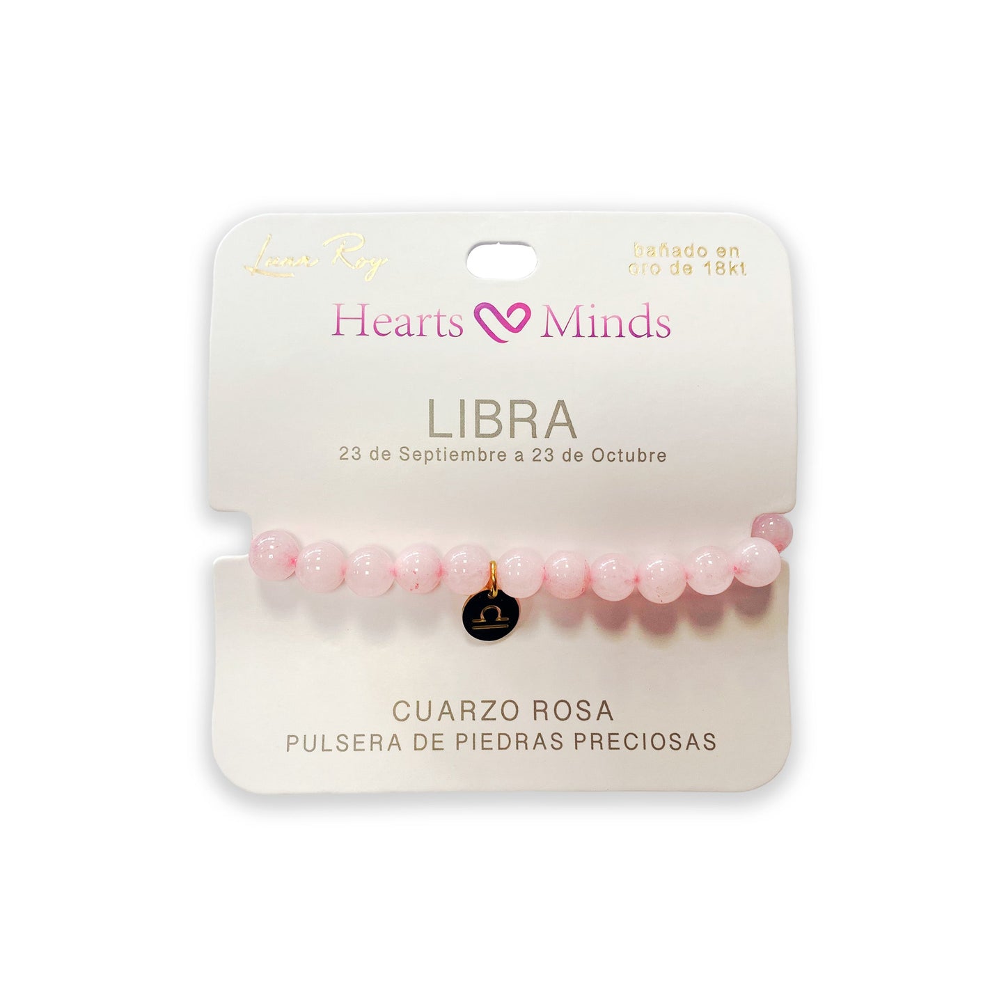 Pulsera de Cuarzo Rosa con dije del signo Zodiacal, bañado en Oro 18K