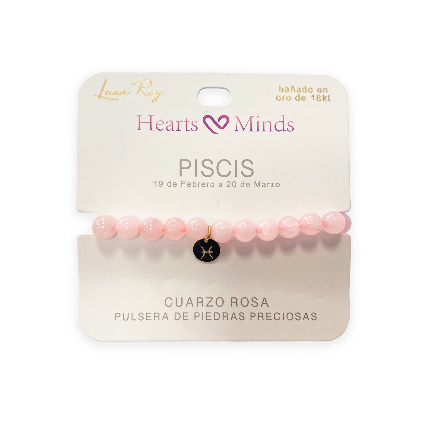 Pulsera de Cuarzo Rosa con dije del signo Zodiacal, bañado en Oro 18K
