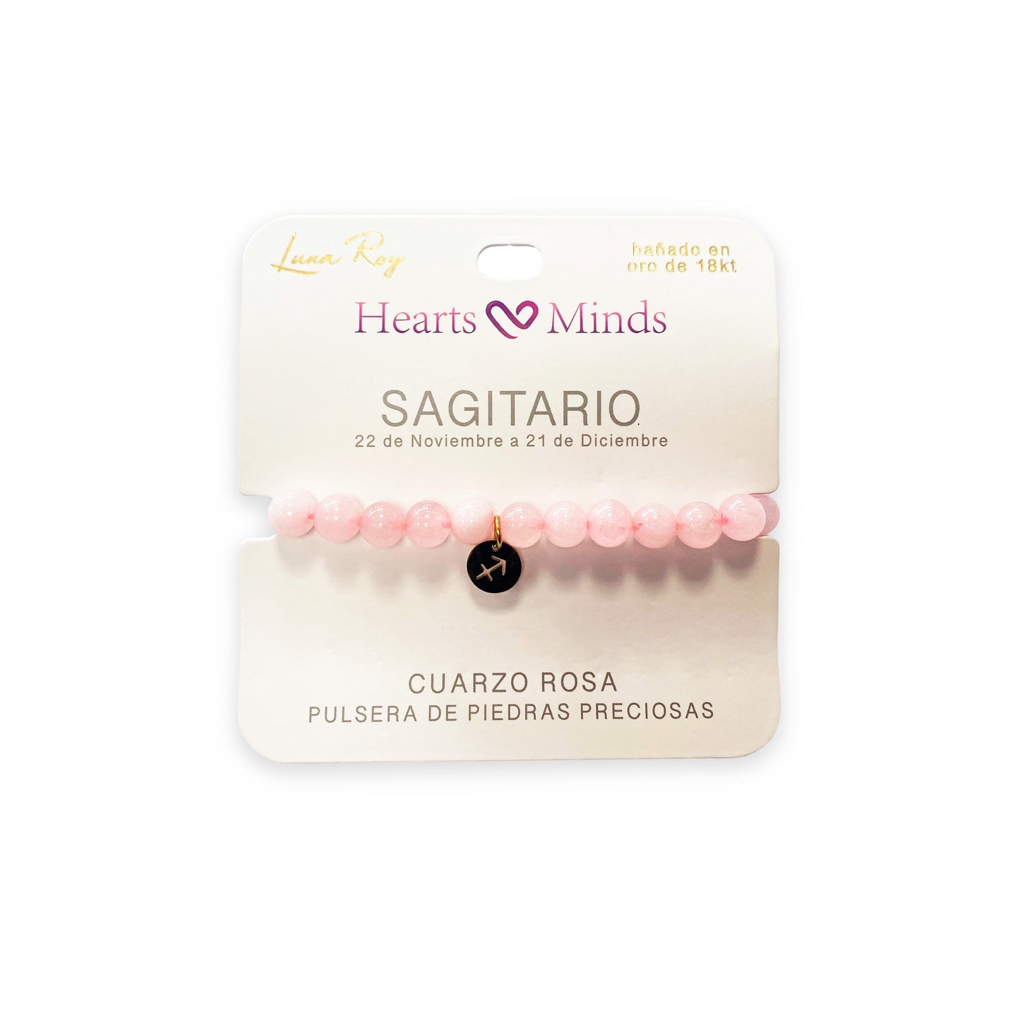 Pulsera de Cuarzo Rosa con dije del signo Zodiacal, bañado en Oro 18K