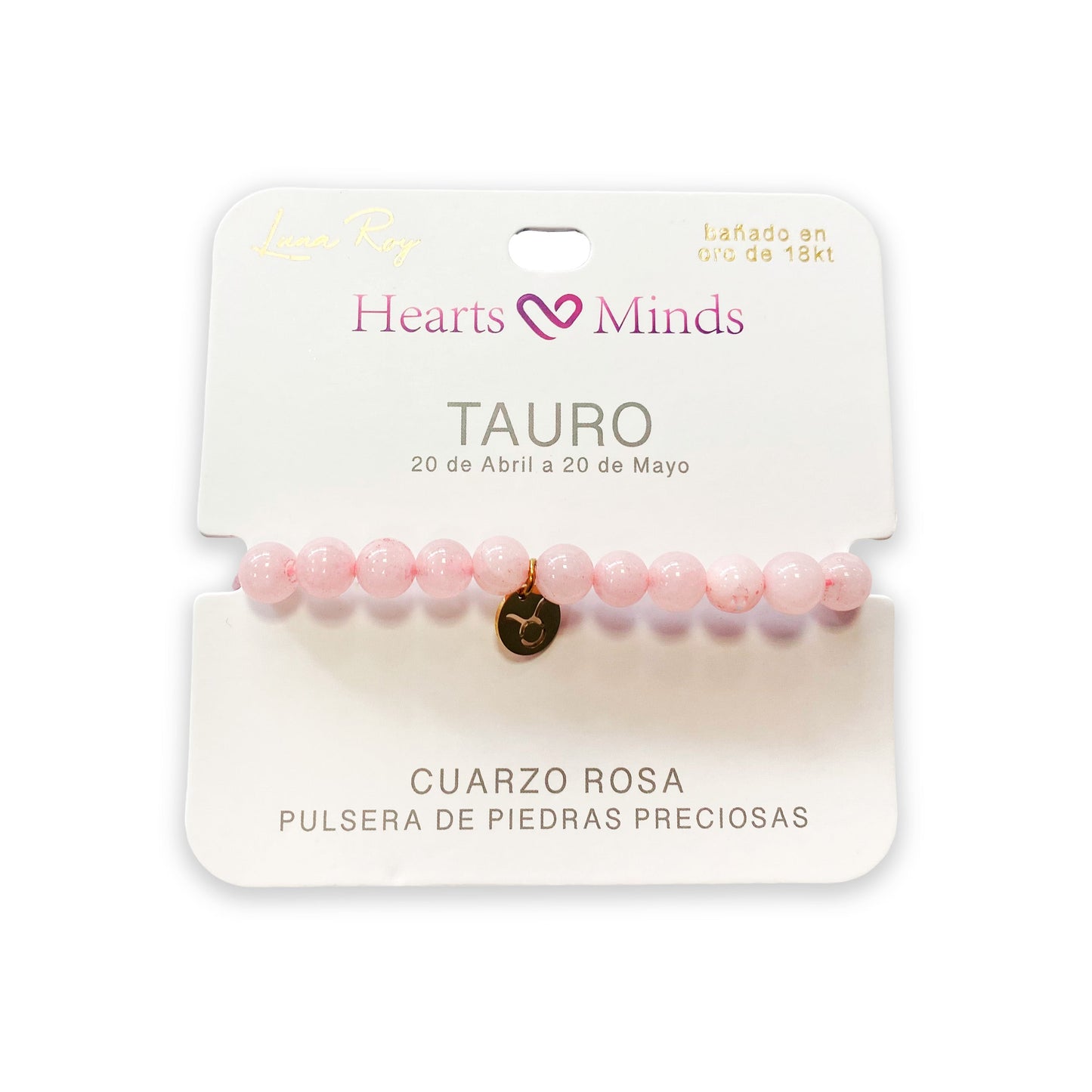 Pulsera de Cuarzo Rosa con dije del signo Zodiacal, bañado en Oro 18K