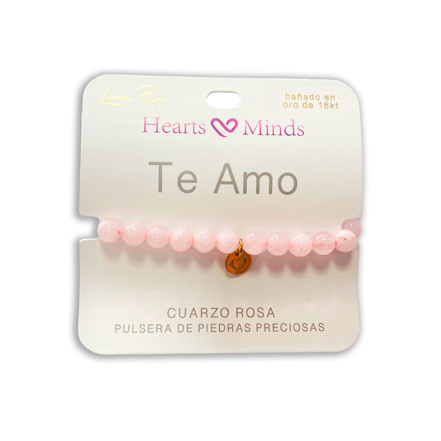 Pulsera de Cuarzo Rosa con dije de Corazón, bañado en Oro 18K