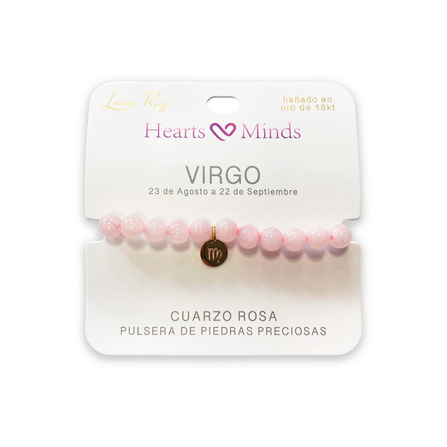 Pulsera de Cuarzo Rosa con dije del signo Zodiacal, bañado en Oro 18K