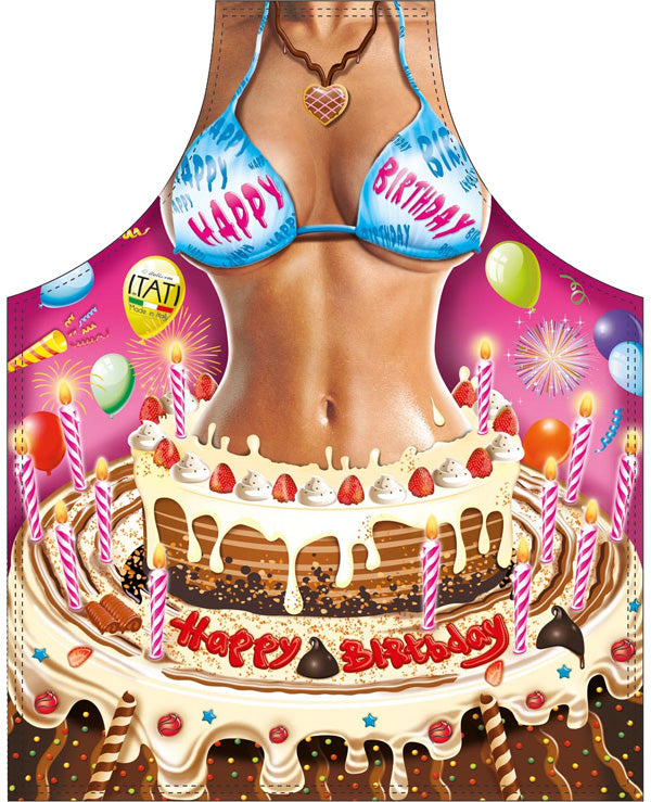Delantal sexy chica en tarta de cumpleaños