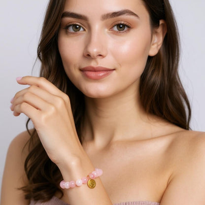 Pulsera de Cuarzo Rosa con dije del signo Zodiacal, bañado en Oro 18K