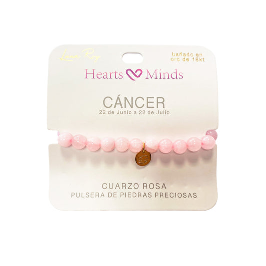 Pulsera de Cuarzo Rosa con dije del signo Zodiacal, bañado en Oro 18K