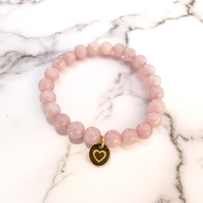 Pulsera de Cuarzo Rosa con dije de Corazón, bañado en Oro 18K