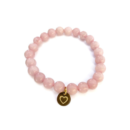 Pulsera de Cuarzo Rosa con dije de Corazón, bañado en Oro 18K