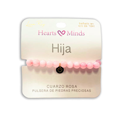 Pulsera de Cuarzo Rosa con dije de Corazón, bañado en Oro 18K